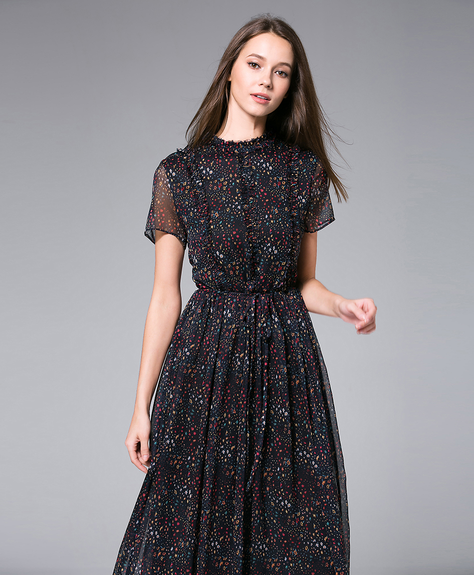 Dress - Black Printed Chiffon Maxi Dress